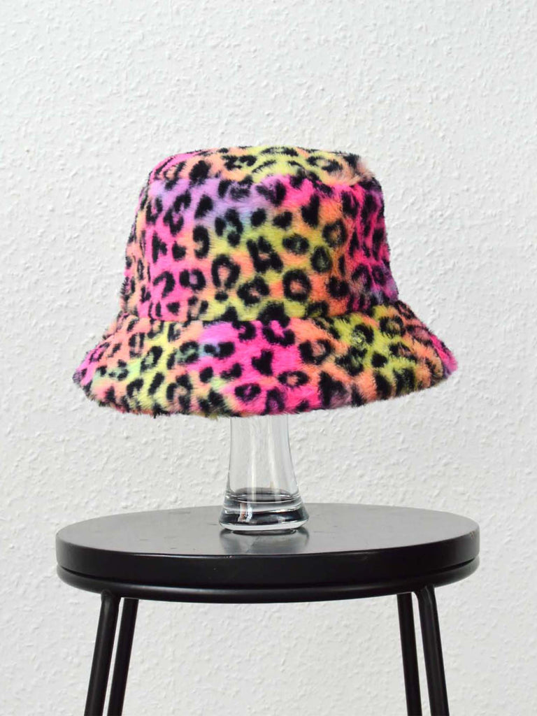 Rainbow Leopard Print Fluffy Bucket Hat