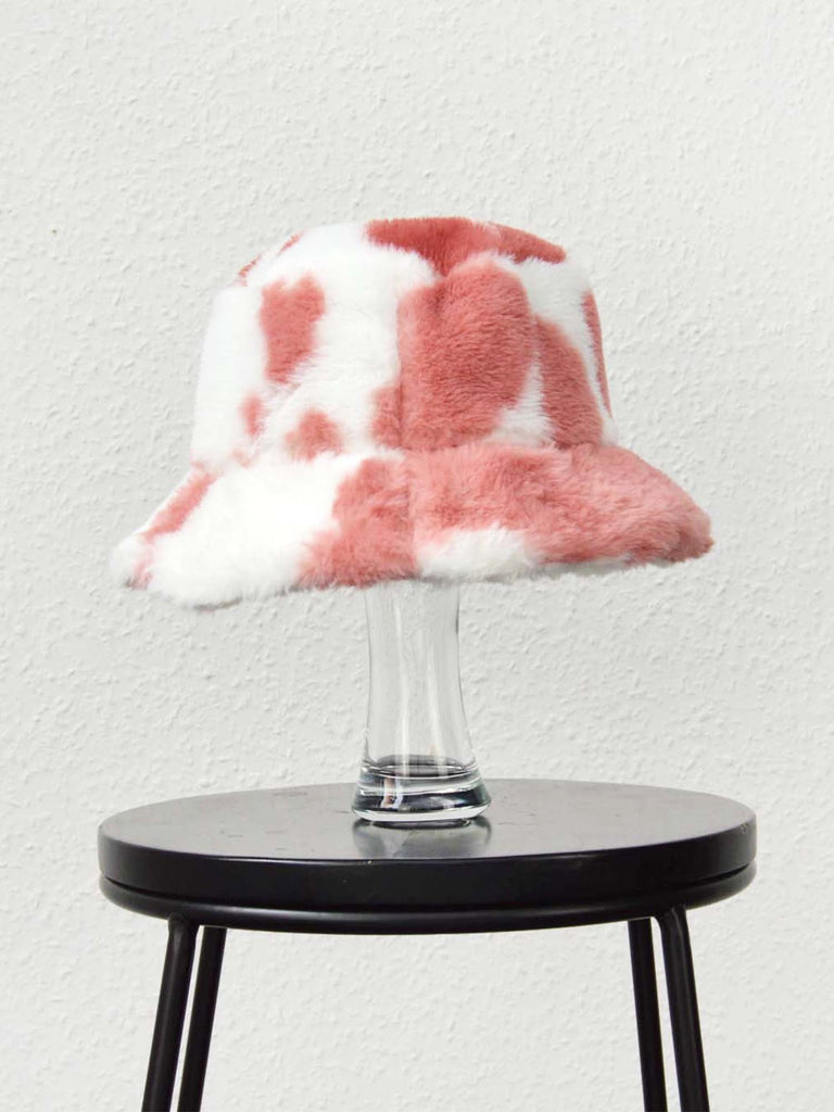 Pink Cow Print Fluffy Bucket Hat