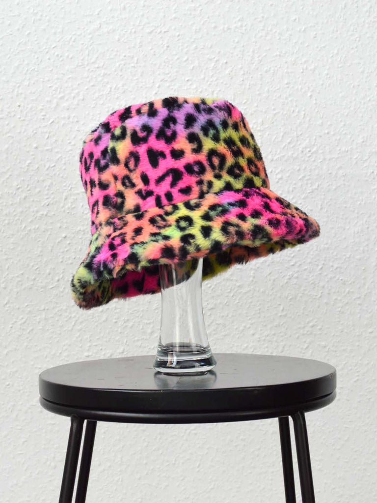 Rainbow Leopard Print Fluffy Bucket Hat