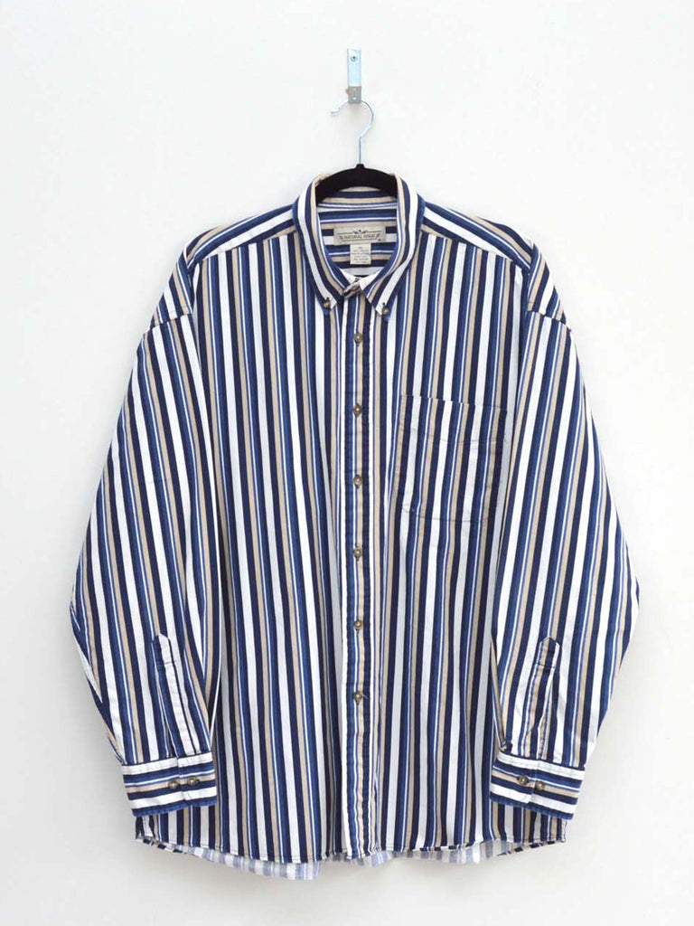 Vintage Navy & Beige Striped Shirt (XL)